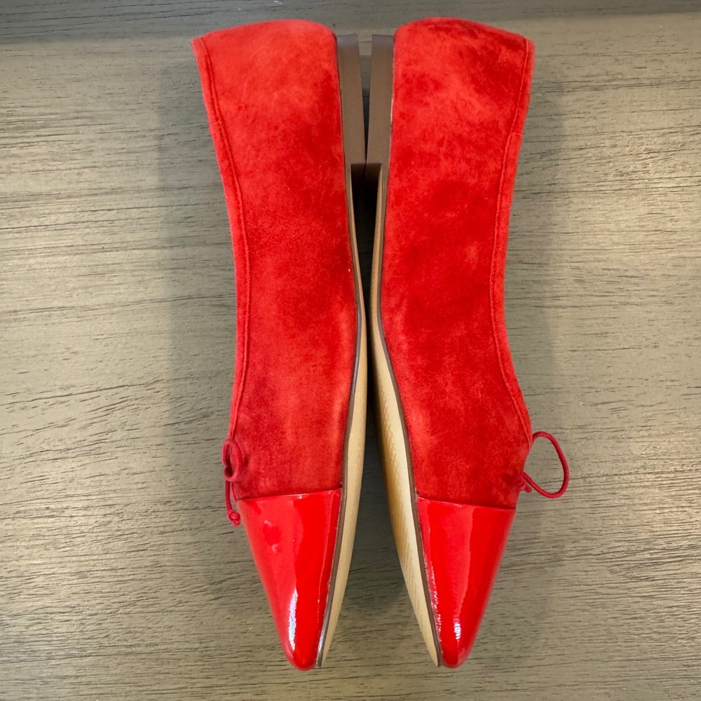 Talbots Women 9 M Red Suede Patent‎ Cap Toe Ballet Flats Bow Detail Low Heel - Picture 2 of 13